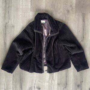 Anthropology Plush Ribbed Zip-Up Faux Fur Jacket - Black